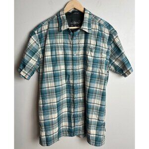 KUHL Plaid Short Sleeve Snap Front Shirt Teal Blue Cream Size XL Men’s